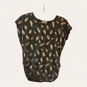 URBANOLOGY Sleeveless Olive Green Top With Gold Coloured Feathers Size Medium